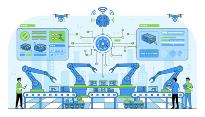 Modern digital manufacturing operation in an Industry 4.0 smart factory setting, showcasing robotic arms, automated assembly lines, drones, and human operators overseeing the process with tablets