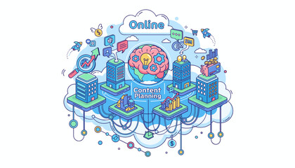 Conceptual illustration of online digital marketing and content planning strategy, featuring a brain with a lightbulb and gears symbolizing ideas, connected to various buildings representing