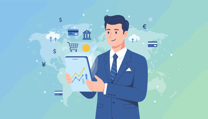 Digital online payment concept, a businessman in a blue suit holds a tablet displaying a financial chart with upward trends, surrounded by icons representing global finance, banking, credit cards