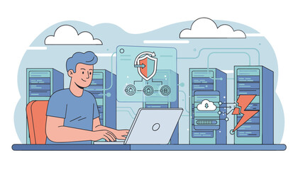 Disaster Recovery Concept: IT System Protection and Data Security in a Modern Data Center with Servers, Cloud Computing, and a Technician Monitoring the Network, Illustrating Cybersecurity and