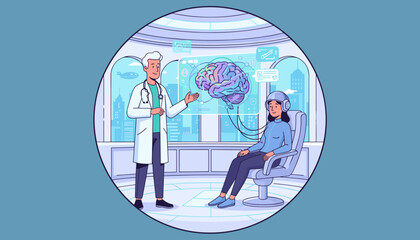 Doctor examining a holographic projection of a human brain, with a patient wearing a VR headset in a futuristic medical setting, showcasing advanced technology and neuroscience research for mental