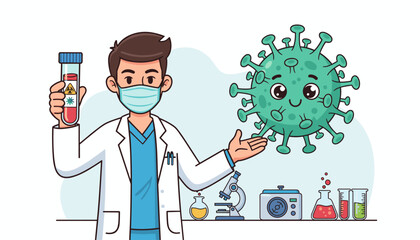 Cartoon scientist in a lab coat and mask holds a blood sample tube with a biohazard symbol, standing next to a friendly green coronavirus character and laboratory equipment like a microscope and test