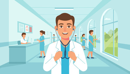 A friendly male doctor with a stethoscope around his neck stands in the foreground of a bright hospital corridor, with nurses and patients visible in the background, and large windows offering a view