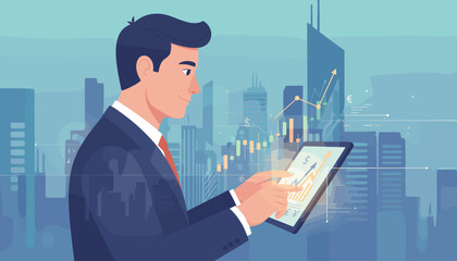 Dynamic double exposure illustration of a confident businessman in a suit analyzing financial charts and stock market data on a tablet, set against a backdrop of a modern city skyline, symbolizing