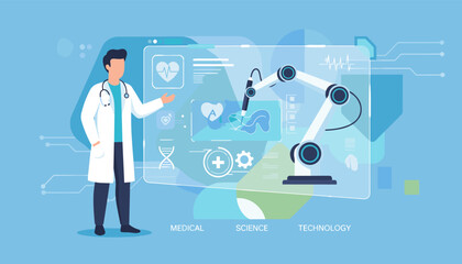 Modern doctor in white coat with stethoscope interacting with futuristic holographic interface displaying medical icons like heart rate, DNA, and a robotic arm performing surgery, symbolizing