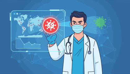A doctor wearing a mask and gloves presses a glowing red button with a virus symbol to stop the COVID-19 pandemic, with a world map showing infection hotspots and a graph indicating a downward trend