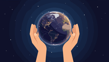 Caring hands cradle the Earth at night, illuminated by city lights, symbolizing global connection and protection against a starry cosmic backdrop, representing environmental stewardship and