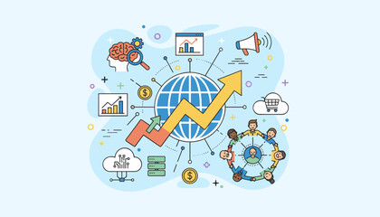 Vibrant flat illustration depicting global business growth and economic expansion, featuring a world map, upward trending arrows, diverse team collaboration, financial symbols, cloud computing, and