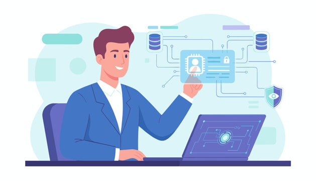 Digital Identification Concept: A smiling businessman in a blue suit interacts with a futuristic interface displaying personal data, security shields, and database icons, symbolizing secure online