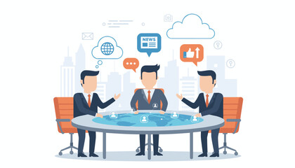 Flat design illustration of businessmen in a meeting discussing social network news and global connections, with icons representing communication, cloud technology, and social media engagement, set