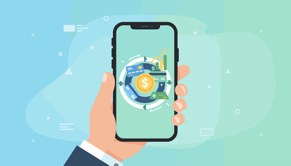 Modern flat design illustration of a hand holding a smartphone displaying a circular infographic with financial elements like credit cards, dollar coin, money, and growth chart, symbolizing digital
