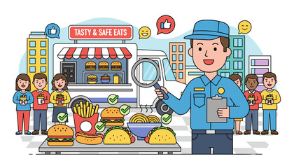 Vibrant vector illustration depicting a food quality control inspector examining a food truck with a magnifying glass, ensuring tasty and safe eats for happy customers, symbolizing food safety and