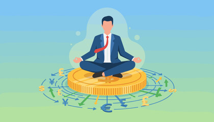 Calm businessman in lotus pose meditating on a giant gold coin, surrounded by currency symbols and arrows indicating financial flow, representing financial wisdom, investment strategy, and economic
