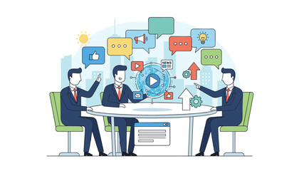 Flat style illustration of businessmen collaborating around a table, discussing social network news and global communication, with icons representing ideas, likes, messages, and growth, set against a