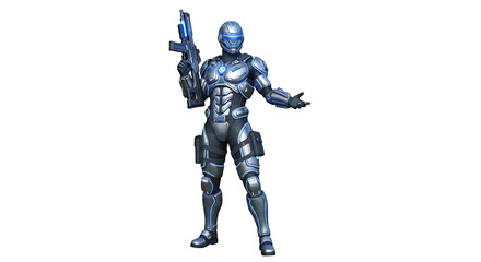 Futuristic soldier in advanced armor stands ready, weapon in hand, on a stark, minimalist transparent background.