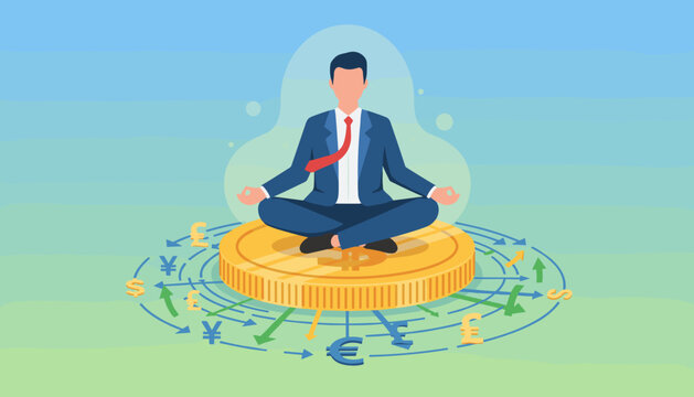 Calm businessman in lotus pose meditating on a giant gold coin, surrounded by currency symbols and arrows indicating financial flow, representing financial wisdom, investment strategy, and economic