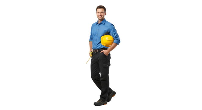 Friendly construction worker in a blue shirt and dark pants holding a yellow hard hat and a measuring tape