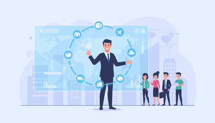 Global logistics and transport concept with a businessman presenting a supply chain diagram featuring icons of airplanes, ships, trucks, and warehouses, surrounded by a team of professionals in a
