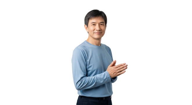 A professional Asian man in a light blue shirt stands against a transparent background, hands clasped, smiling gently.
