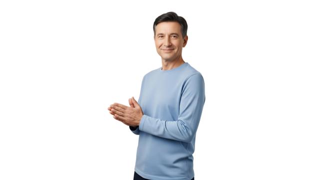Confident middle-aged man with a friendly smile and a blue long-sleeved shirt applauding against a transparent background.