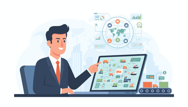 Modern logistics and transport concept with a businessman analyzing a global supply chain network on a laptop, featuring trucks, ships, factories, and shipping containers, illustrating efficient