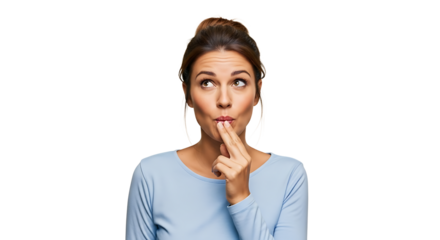 Brunette woman in light blue long sleeve shirt looks up thoughtfully with her fingers on her lips, against a transparent background.