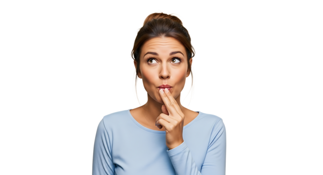 Brunette woman in light blue long sleeve shirt looks up thoughtfully with her fingers on her lips, against a transparent background.