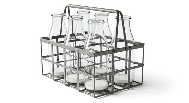 A metal carrier holding six clear glass milk bottles with white caps, isolated on a white background.