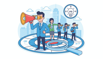 Business team with leader using megaphone and binoculars on a target board, searching for candidates, with magnifying glass and lightbulb compass symbolizing recruitment and HR strategy in a modern
