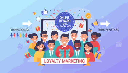 Loyalty marketing concept with a diverse group of happy people receiving online rewards and referral bonuses, symbolizing friend advertising and employee appreciation for good job performance