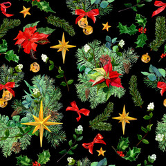 Obraz premium Winter Christmas seamless pattern with poinsettia and gold bells. Watercolor drawn spruce with cones, red bows, golden stars. Holiday wrapping paper template. Decor for textile, covers, fabric.