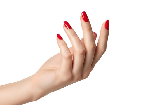 Elegant woman's hand with long red fingernails against a dark backdrop isolated on transparent background