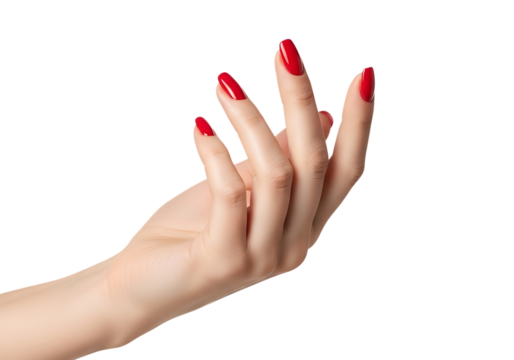 Elegant woman's hand with long red fingernails against a dark backdrop isolated on transparent background