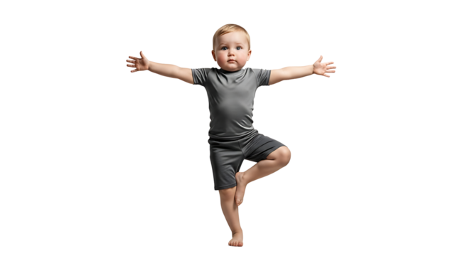 A toddler dressed in sportswear, attempts a yoga pose, showcasing balance and flexibility against a transparent background.