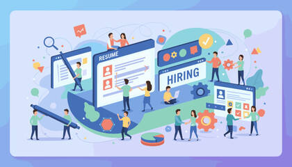 Modern concept of hiring and recruitment process, with small people filling out forms, resumes, and interacting with digital interfaces, symbolizing job search, employment, and team building in a