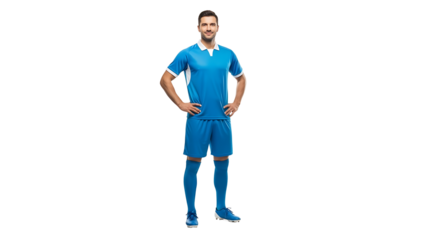 A confident soccer athlete stands with his hands on his hips wearing a blue uniform in front of a transparent background.