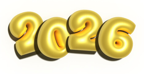 Golden 3D 2026 text isolated on transparent background. Inflatable letters with metal effect.