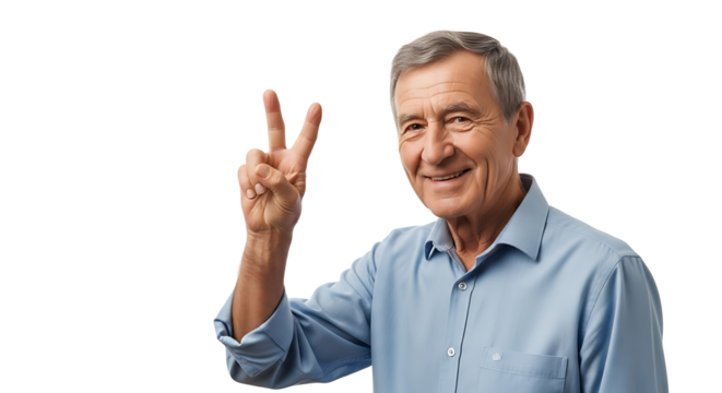 A mature man flashes a friendly smile and holds up a peace sign, radiating positivity and a zest for life.