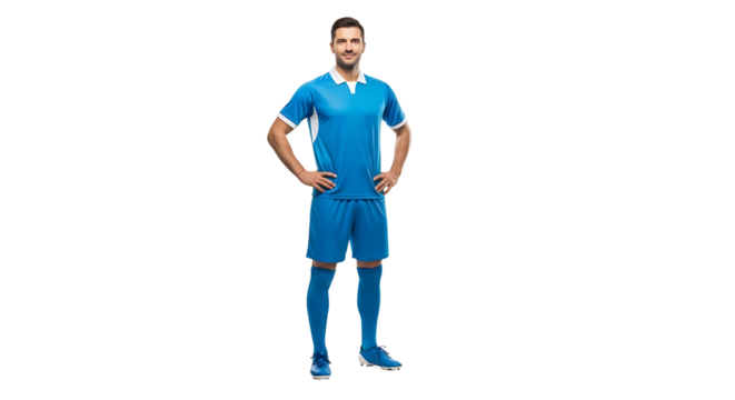A confident soccer athlete stands with his hands on his hips wearing a blue uniform in front of a transparent background. - Powered by Adobe