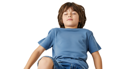 A young boy, with dark hair and wearing a blue t-shirt, sits calmly with his eyes closed, finding inner peace.