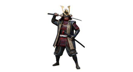 A samurai warrior stands poised, wielding a katana. He looks stoic in his dark and red armor with a golden helmet.
