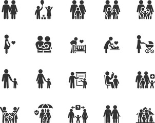 Vector set of family flat icons. Contains icons mother, father, pregnancy, children, upbringing, child care, custody, adoption and more. Pixel perfect.
