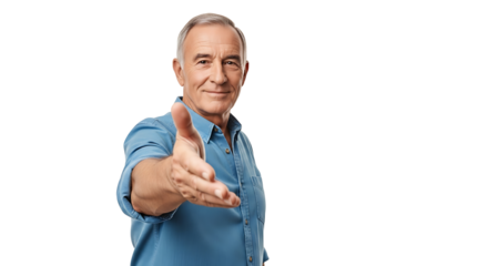 A friendly businessman extends his hand for a handshake against a clean transparent background in a professional setting.