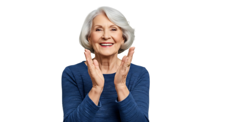 A cheerful senior woman, with short grey hair, wearing a blue top, claps her hands in a show of pure happiness and excitement.