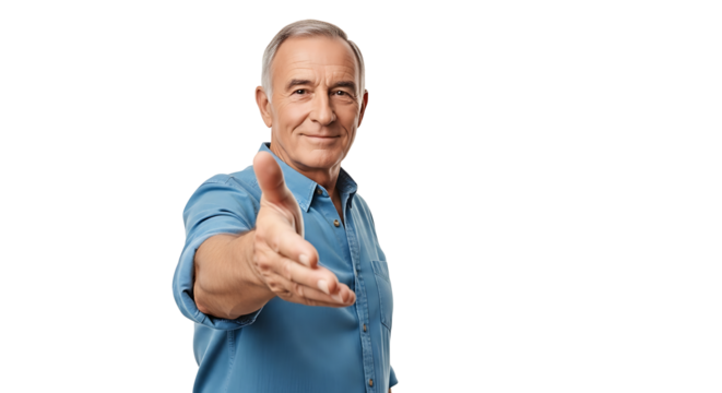 A friendly businessman extends his hand for a handshake against a clean transparent background in a professional setting.
