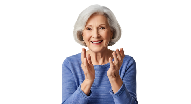 Smiling older woman claps her hands in appreciation while wearing a blue long-sleeved shirt on a transparent background.