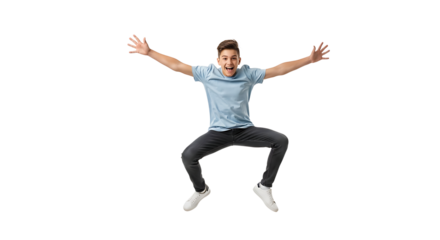 A happy, light-skinned teenage boy with brown hair, wearing a blue shirt, is joyfully jumping against a transparent background.