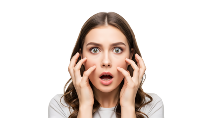 A young woman looks surprised. She has her hands up, looking at something with a surprised expression on her face.