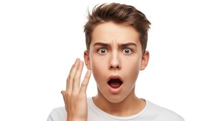 A young boy in a white shirt expresses a surprised reaction, with open mouth, raised hand and wide eyes against transparent background.