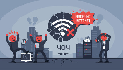 Frustrated business people experiencing internet disconnection and 404 error, symbolizing network failure and technology problems in a modern city setting with cracked Wi-Fi symbol and broken